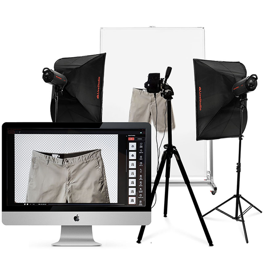 Ortery hanging and flat lay clothing photography systems work great with LiveStudio light kits